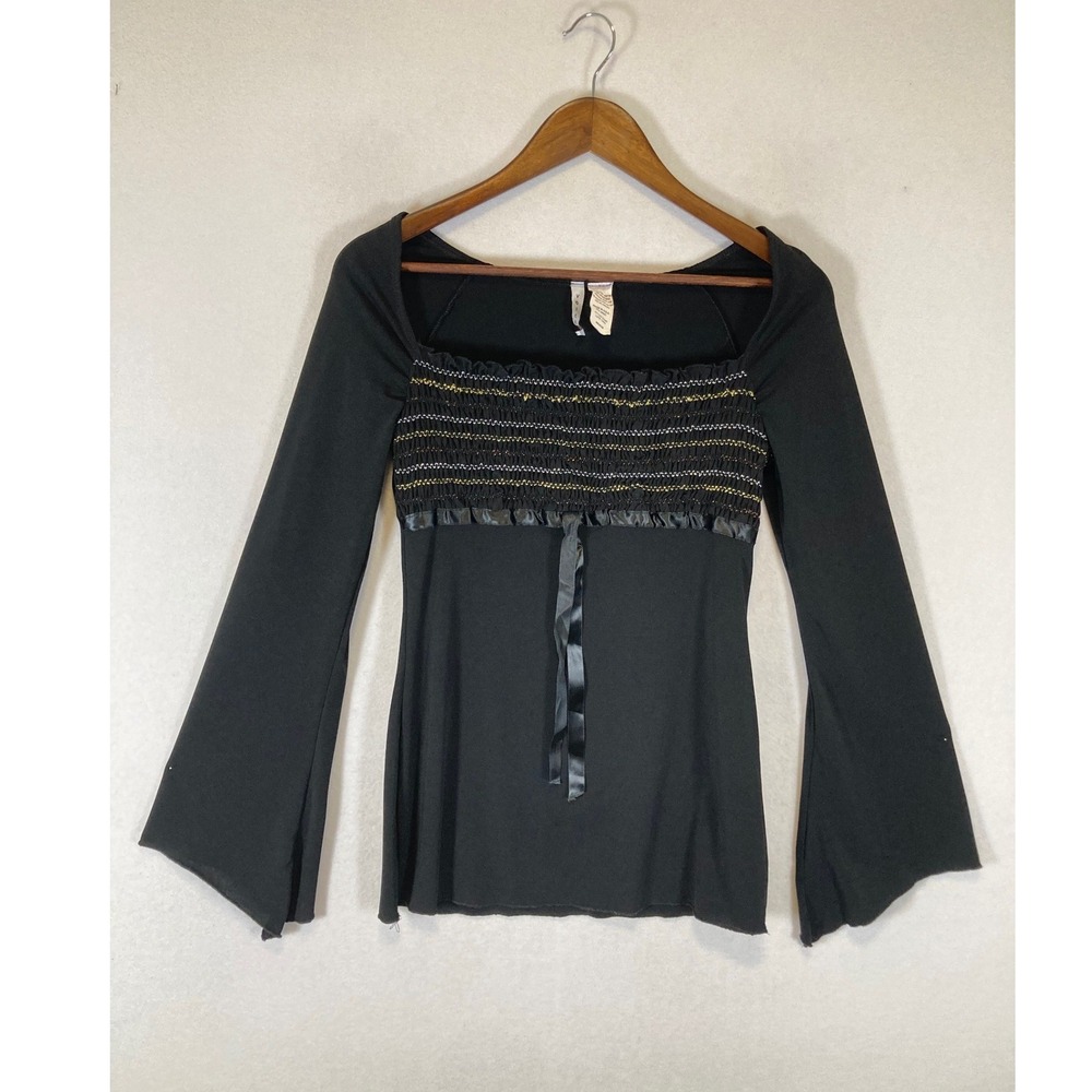 Whimsigoth Voice Women Medium Black Smocked Bell Sleeve Metallic Stitch Top